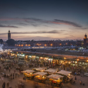 Jemaa el-Fnaa Square illuminated at dusk, Marrakesh, Morocco